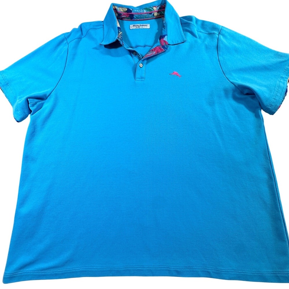 Tommy Bahama IslandZone Mens XXL Blue Supima Cotton Blend Floral Trim Polo Shirt